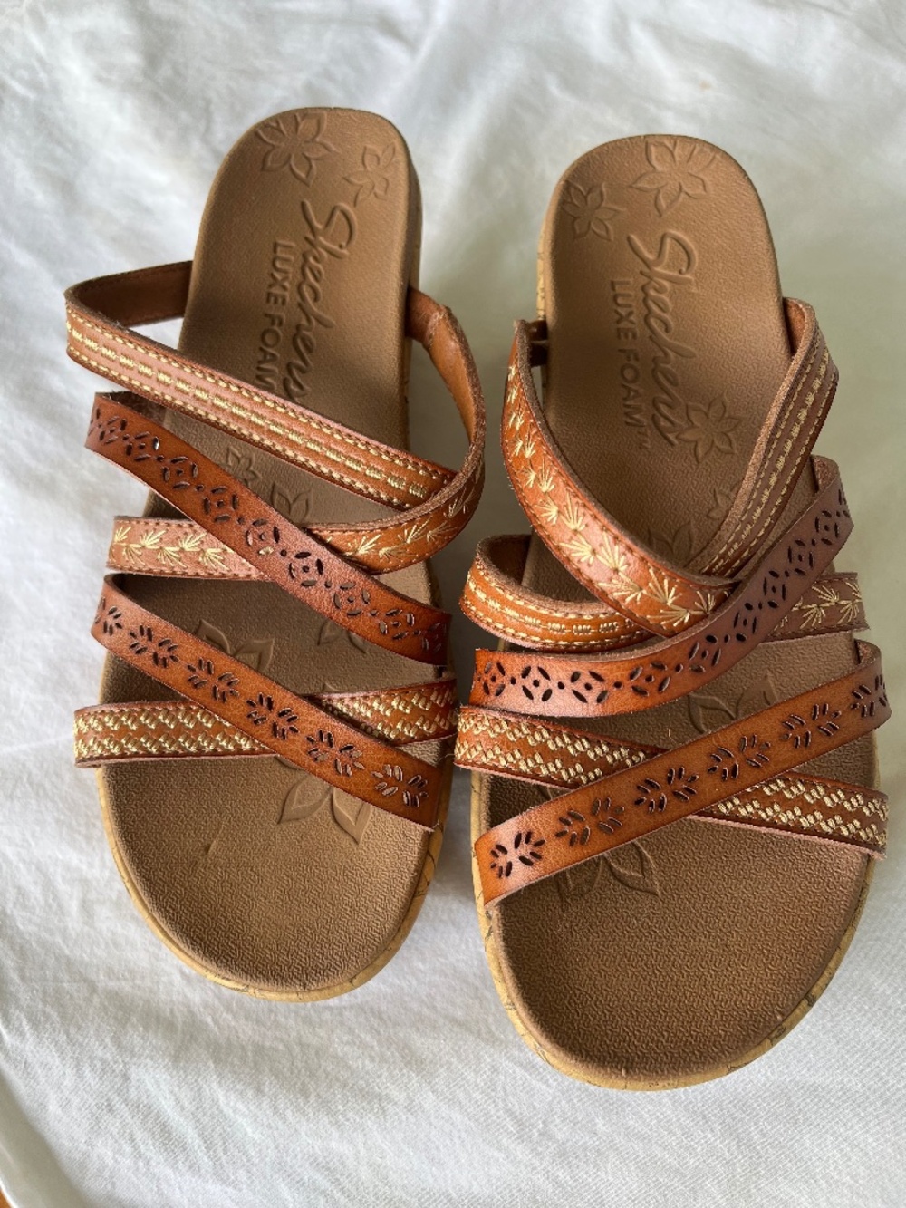 Skechers Brown Leather Luxe Foam Wedge Sandal Women’s 6